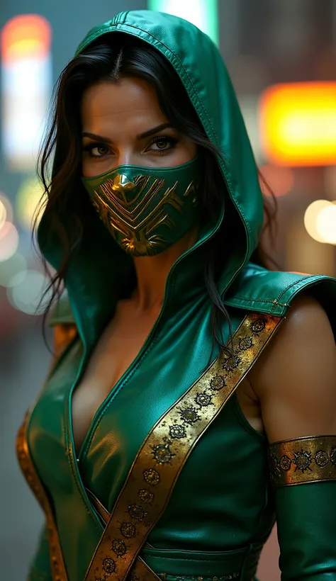 , Sandra Bullock assumes the role of Jade in an impressive interpretation of the warrior *   mortal kombat*. almost untouchable. Wearing her iconic emerald green costume with gold , she exudes a strong and determined presence , combining the elegance of a ...