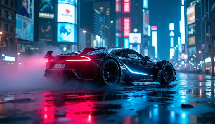 a futuristic cyberpunk car, sleek and angular body with neon accents, hovering above a gritty city skyline at night, rain-slicked streets, neon signs and holographic billboards, dramatic lighting, cinematic atmosphere, octane-fueled, hyper-detailed, 8K, ph...