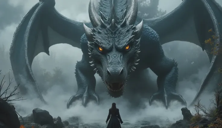 A colossal dragon with obsidian scales soars above the fog-shrouded forest, its wings cutting through the mist. Golden eyes gleam like distant stars as it watches the woman below. She stands frozen, her dress billowing, eyes wide with awe. Epic fantasy sca...