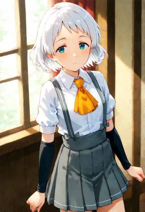 Natsugumo KC, white hair,short hair, white shirt, Short sleeve, pleated skirt,collared shirt, dress shirt, suspenders, Grey Skirt,Arm Warmers, suspendersスカート,  Orange Ascot ,