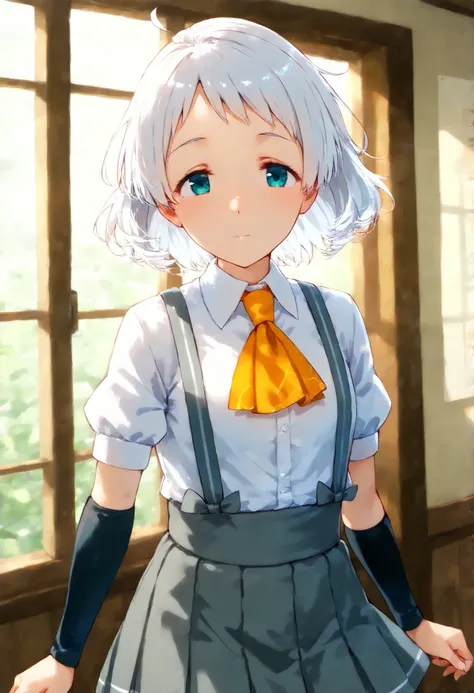 Natsugumo KC, white hair,short hair, white shirt, Short sleeve, pleated skirt,collared shirt, dress shirt, suspenders, Grey Skirt,Arm Warmers, suspendersスカート,  Orange Ascot ,