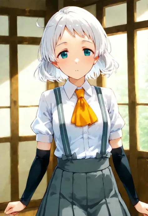 Natsugumo KC, white hair,short hair, white shirt, Short sleeve, pleated skirt,collared shirt, dress shirt, suspenders, Grey Skirt,Arm Warmers, suspendersスカート,  Orange Ascot ,