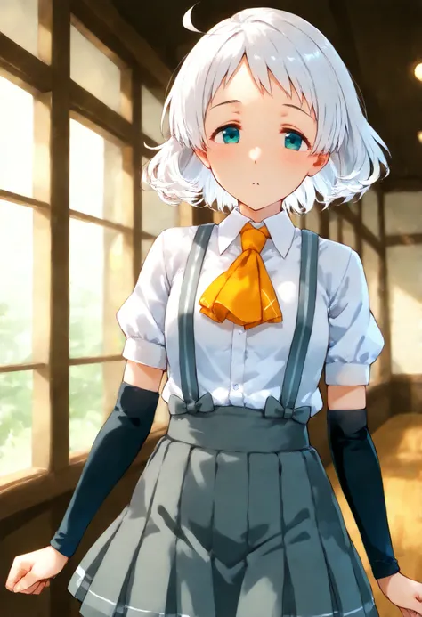 Natsugumo KC, white hair,short hair, white shirt, Short sleeve, pleated skirt,collared shirt, dress shirt, suspenders, Grey Skirt,Arm Warmers, suspendersスカート,  Orange Ascot ,
