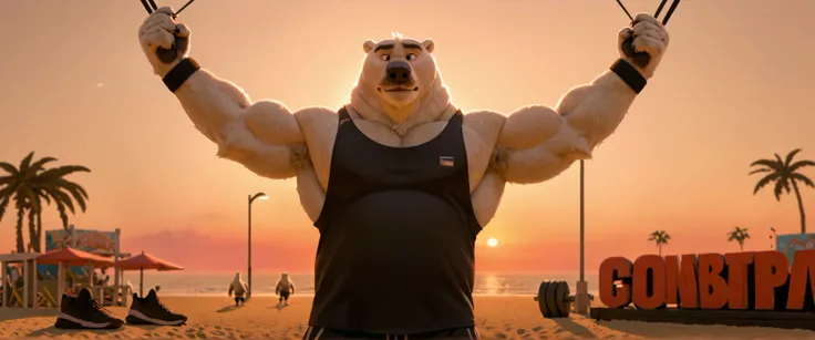 huge muscular polar bear in muscle beach, big hulking workout, grunting noise, polar bear, huge white fur, thick arm, huge arm, added thick mustache, added thick beard. Short white hair, (veiny muscular, veiny pectoral, wide pectoral, thick arms), beach, p...