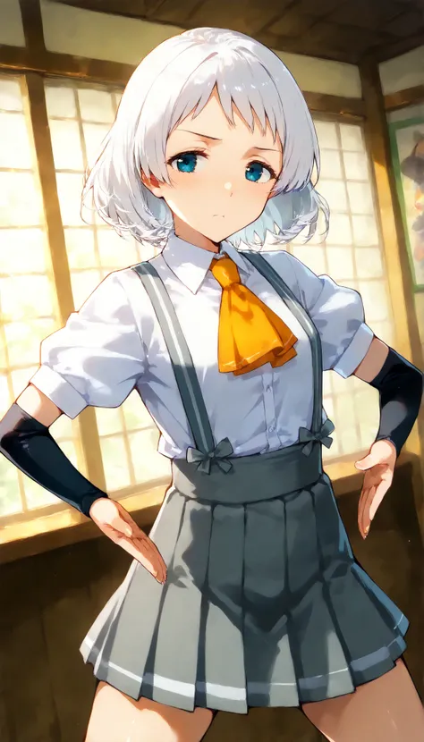 score_9, score_8_up, score_7_up, sauce_anime,
Natsugumo KC, white hair,short hair, white shirt, Short sleeve, pleated skirt,collared shirt, dress shirt, suspenders, Grey Skirt,Arm Warmers, suspendersスカート,  Orange Ascot ,
pose, Open Hands , is standing, spr...