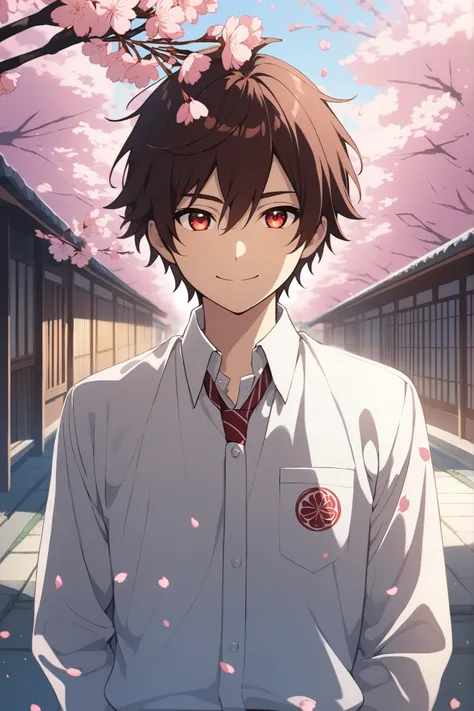 ,Great Performance,A young man with dark brown hair in the middle of a red hair pattern, glowing red eyes with a confident smile. He wears a school uniform shirt..Late Japan, with cherry blossoms floating and the background is a morning school.