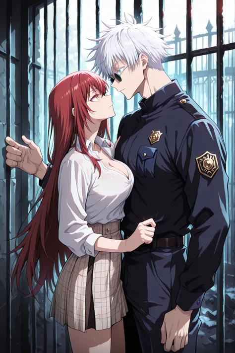 1boy, male focus, gojou satoru /(jujutsu kaisen/), white hair, short hair, round sunglasses, blue eyes, colored eyelashes, sexy man, handsome,  male police uniform, standing in front of the prison cell BREAK 1 woman , adult , Jujutsu Kaisen , golden eyes ,...