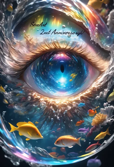 hyper realism, \smoothly express the aesthetic waves that appeared on the seabed, An undersea city that sparkles in rainbow colors, The creative creator smiles at you, The wave brush draws an aesthetic CG illustration in the background, The seamless fusion...