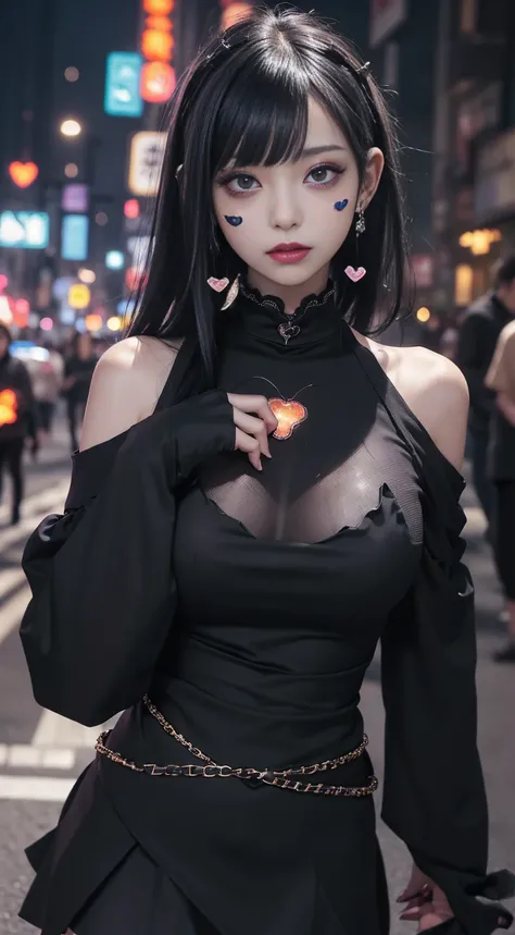 movie lights、(Key Light：45 degree diagonal line in front, Fill Light、backlight、 milk、 Blue and orange color palette),  accurate human body 、The person、Correct five fingers、original photo、4K-Ultra HD、highest quality,  masterpiece, ultra high resolution, (Reality: 1.4), 


(((oily skin,Brightening skin 、realistic skin texture、delicate and beautiful skin、Glossy Skin、Glossy Skin)))、

 beautiful young , 19歳の girl, 魅力的な girl, クールな girl、 girl、miniskirt、Black Mask、((赤いDark Makeup))、((Big breasts)) 、  girl1名, purple eyes, off-the-shoulder pullover dress, movie lights、 purple and black hair 、(Mine  girl、gothic makeup、 my makeup )、(Ear piercing、Big breasts、off-the-shoulder oversized black t-shirt、ダークminiskirt)、((Dark Makeup、oily skin,Brightening skin 、realistic skin texture、delicate and beautiful skin、Glossy Skin)), a dark night in the city center、Kabukicho、 dark cyberpunk 、(full body照:1.8)、Thin legs、Thin arms、Thin shoulders、Thin waist、slim body、Big breasts、 full body、full of embarrassment、sexy pose、((steam))、Many hearts、(((Big breasts)))、(((exclamation mark, moan, Many hearts,colloquial heart, Comic strip , Traffic flow, motion blur, Trembling violently , lots of heart-shaped dialog)))、