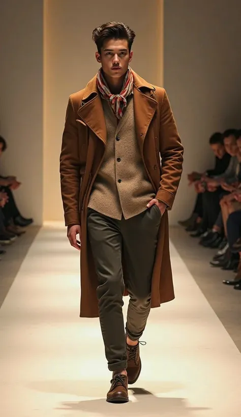 (photorealism:1.2),  very Handsome japanese man, 22-27 year-old, fashion model, fall season European causel wear with neckerchief, on the runway 