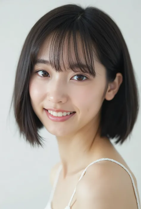 Create a portrait of a very beautiful Japanese actress, focusing on a close-up from the shoulders up. She has a slender physique and a small bust. The setting is a photography studio, and the lighting should be bright and clear, reminiscent of using a whit...