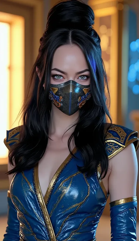 The image shows Emma Stone portrayed as Kitana, The * mortal kombat*, em um estilo super realista e The alta qualidaThe. She has long black hair , styled in an elaborate and elegant bun, typical of the character, with loose locks that fall gracefully aroun...