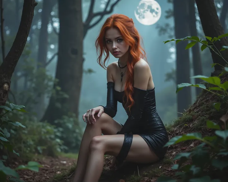High quality and high definition photo. Young slender nice European woman with nice opened grey eyes, 20 YO. Young slim cute girl; redhead - very long fiery hair ; dressed as a witch; mini skirt and stockings; sitting in the forest under the full moon; the...