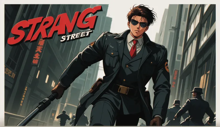 ARMED WOMAN RUNNING AFTER THREE SUSPICIOUS MEN ON DARK CITY GANG STREET AT NIGHT RETROWAVE 90S
