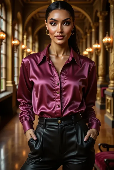 woman in mulbery shirt and black pants posing in a room, silk, satin, black, inspiration, onyx, amber, anja millen, wearing silk, close portrait, essence, victoria, portrait, classic portrait, elegant style, detailed realistic skin texture, realskin, silky...