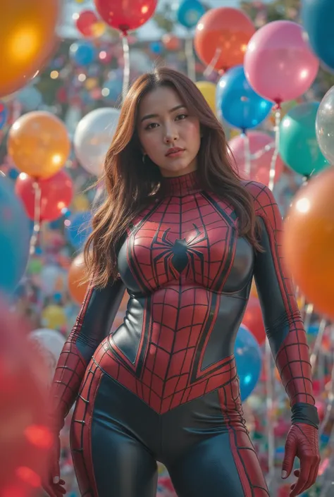 busty curvy super muscular korean female wearing spider-man latex suit surrounded by balloons