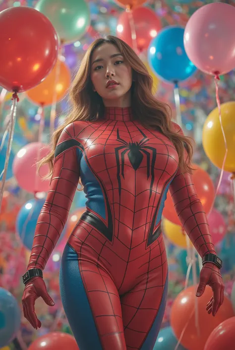 busty curvy super muscular korean female wearing spider-man latex suit surrounded by balloons