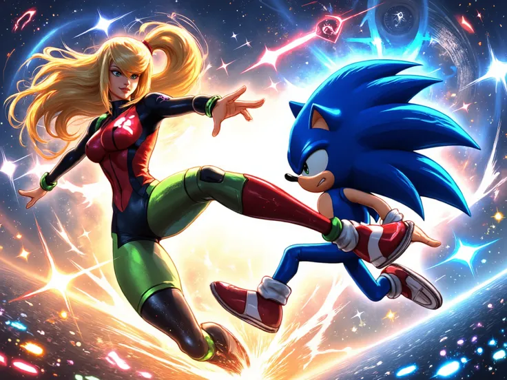 Samus gives Sonic an air kick, But this one is easily covered up from the attack