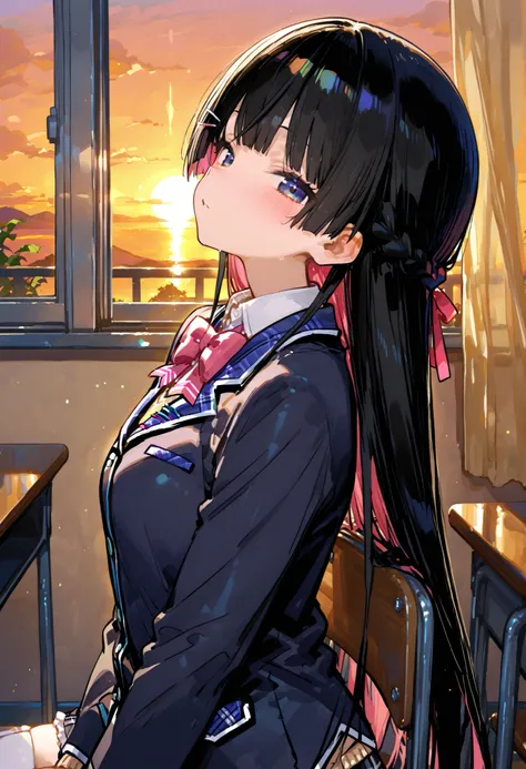 748cmstyle。Tsukino Mito(Nijisanji)。Classroom。1Girl。chair。turn back。blazer uniform。 two-color hairpins 。Sunset