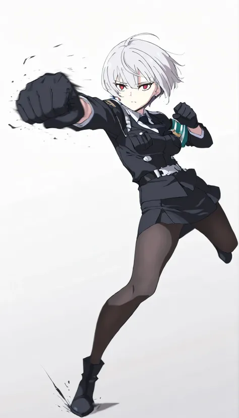 ((masterpiece)), (best quality), 1girl, solo, simple background, temptation, delicate face, Battle Pose , Punching, full body, silver short hair, long sideburn, Disdainful Eyes, Black Stockings, Damaged black police uniform, medium breasts, style: midjou...