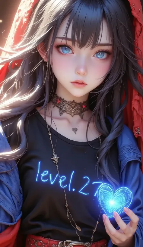 Anime girl long black hair waves blue heart-shaped eyes, black t-shirt with the text LEVEL.27 blue sweater black pants red shoe, On her right hand she holds a bright blue heart 