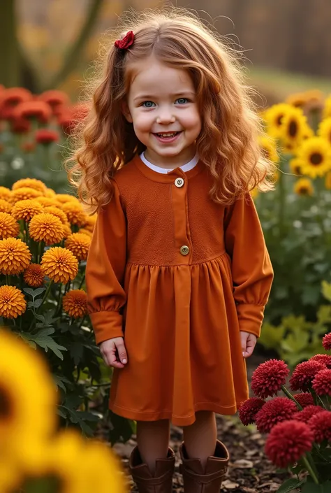 A cute with wavy auburn and golden brown hair, wearing a deep orange dress and brown boots, surrounded by autumn-colored flowers in shades of yellow, rust, and burgundy. The setting has a warm fall atmosphere.