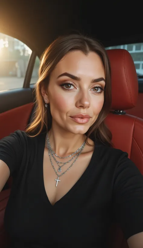 A stunning, natural looking woman sits in the front seat of a car with a luxurious red leather interior. She is taking a selfie with a soft, confident expression. Her skin is smooth and sun-kissed with a warm, healthy glow. She has long, slightly wavy brow...