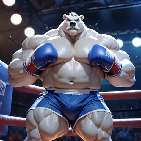 huge bulked up muscular polar bear in boxing ring, big grunting noise, big bulked up, putting his dukes up, polar bear, huge white fur, thick neck, thick arm, huge arm, gray mustache and beard, short white hair, height: 7’8, weight: 440lbs, (veiny bulked u...