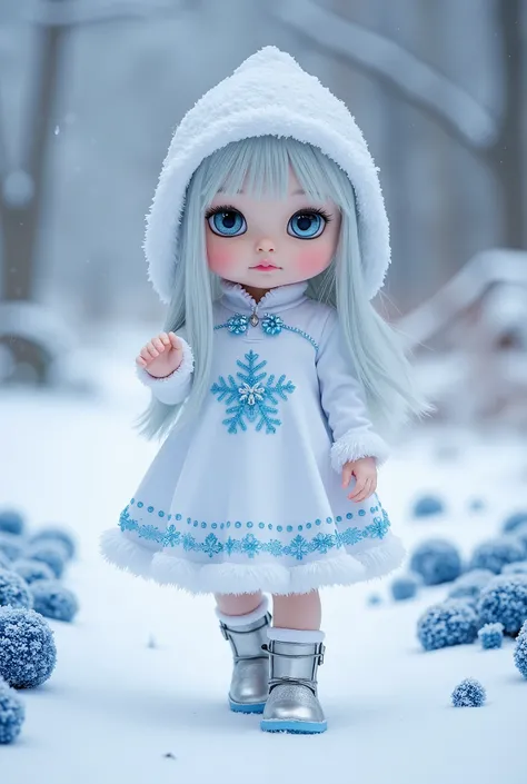 A cute with silver and icy blue hair, wearing a white dress with blue snowflake patterns and silver boots, walking through a snowy landscape with frosty blue and white flowers around her. The background is cold and wintry.