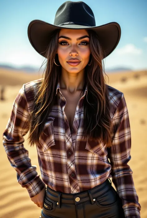 headshot of a stylish woman,in a (desert:1.1),wearing a (plaid-shirt:1.1),(cowboy-hat),(8k, RAW photo, best quality, depth of field, ultra high res:1.2),(absurdres, intricate, photorealistic, masterpiece, ultra-detailed:1.3)