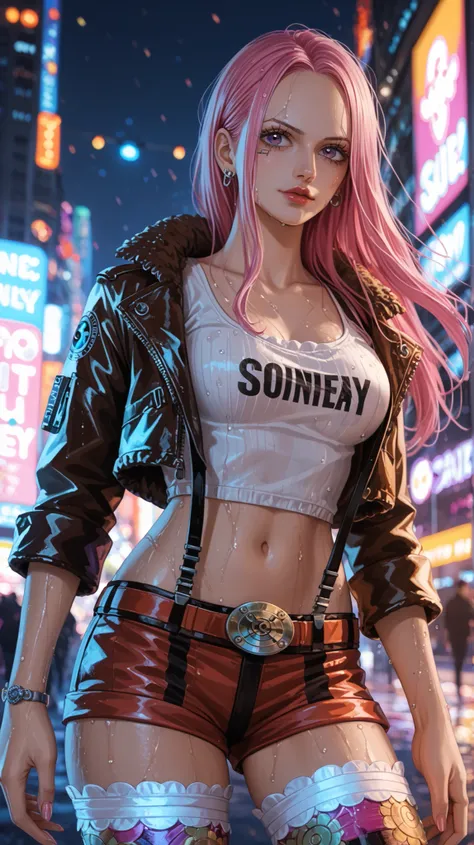 A hyper-realistic reinterpretation of Jewelry Bonney from One Piece, portrayed as a seductive cyberpunk woman with long pink hair and violet eyes, wearing futuristic urban clothing that reveals skin with elegance and attitude — including a cropped leather ...