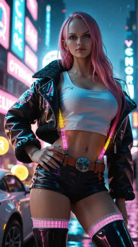 A hyper-realistic reinterpretation of Jewelry Bonney from One Piece, portrayed as a seductive cyberpunk woman with long pink hair and violet eyes, wearing futuristic urban clothing that reveals skin with elegance and attitude — including a cropped leather ...