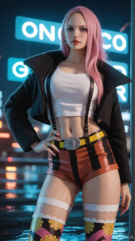 A hyper-realistic reinterpretation of Jewelry Bonney from One Piece, portrayed as a seductive cyberpunk woman with long pink hair and violet eyes, wearing futuristic urban clothing that reveals skin with elegance and attitude — including a cropped leather ...