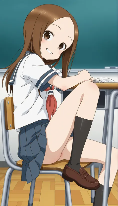 anime screencap, score_9, score_8_up, score_7_up, source_anime,BREAK,(nsfw:1.5),takagi-san, 1girl, solo, long hair,BREAK, school uniform, white serafuku, blue sailor collar, red neckerchief, short sleeves, blue pleated skirt,black kneehighs, Brown Loafers,...