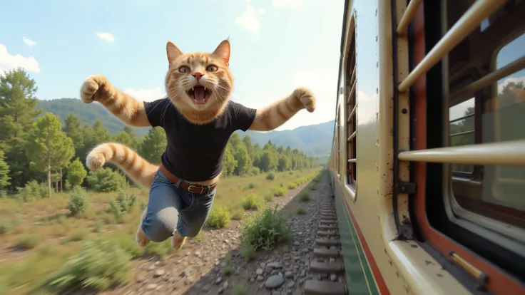An orange fluffy anthropomorphic cat with a frantic expression, and an open mouth, as if they were screaming, When she clings to Zug's window on the outside. The train is clearly visible in the picture. This cat is wearing a tight black T-shirt and blue je...