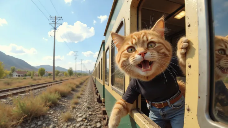 An orange fluffy anthropomorphic cat with a frantic expression, and an open mouth, as if they were screaming, When she clings to Zug's window on the outside. The train is clearly visible in the picture. This cat is wearing a tight black T-shirt and blue je...