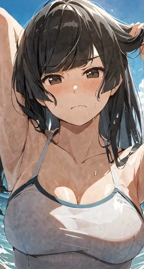 masterpiece,best quality, solo, eda, bangs, black hair, upper body,blue sky,cloud, shy expression, medium breast, hot, thicc, swimsuit , ocean, water, she is tying her hair, she is shy, embarrassed , she is embarrassed, dynamic pose, close shot, upper body...