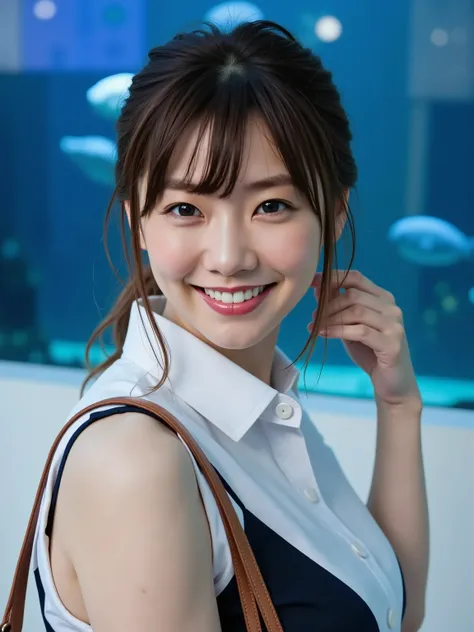 (8k, top quality, Genuine, Ultra High Resolution :1.5),beautiful Japanese woman, ((cute smile)),18 years old,（up hair）, (collared sleeveless shirt),skirt、Dangling Earrings、 Close-up shot of the side,  full body closeup shot、The entire wall of the aquarium ...