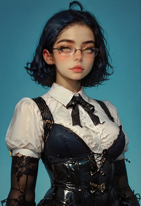 score_9, score_8_up, score_7_up, score_6_up, plump sexy girl, plump body, body focus, corset, morimee_style, bursting out breasts, perfect rounded small breasts, mz, ahoge, blue hair, yellow eyes, glasses, nh