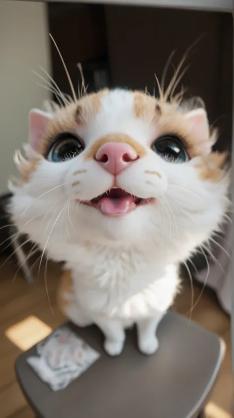 A cute cat with a white and light orange tabby coat, sitting on a stool and facing the camera. Its pink nose is extremely close to the lens, dominating the foreground due to a strong fisheye lens distortion. The cat looks as if it just sniffed something am...