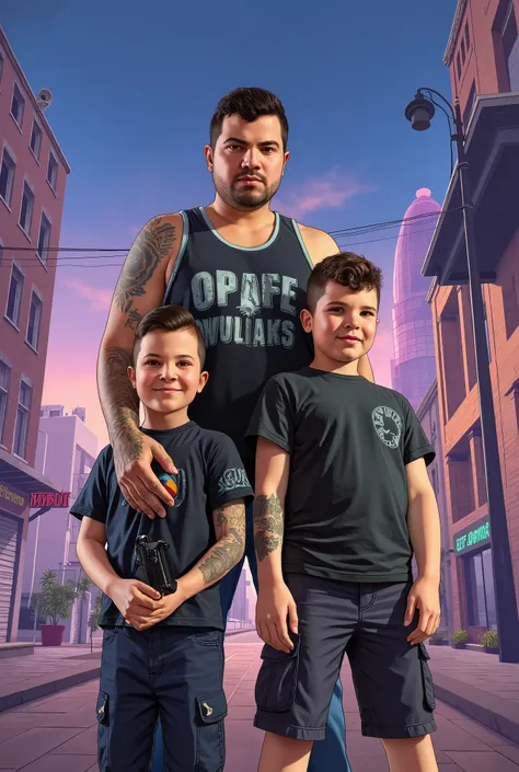 A colorful illustration, GTA style, of The father and two son o and o, badass.