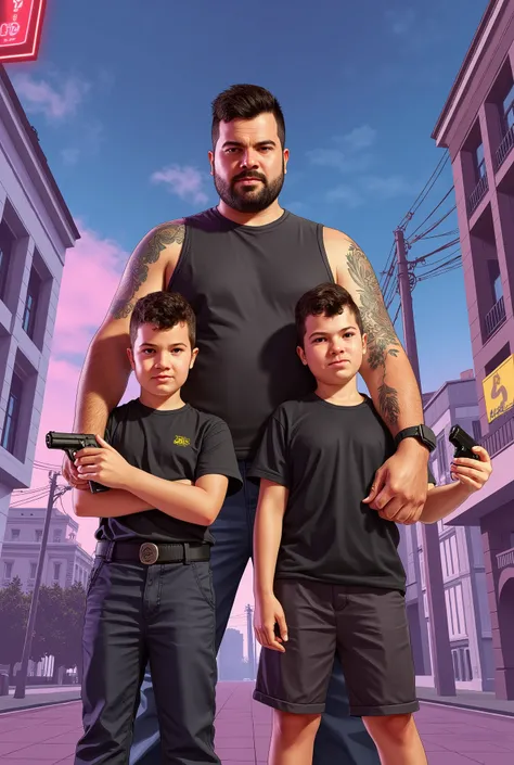 A colorful illustration, GTA style, of The father and two son o and o, badass.