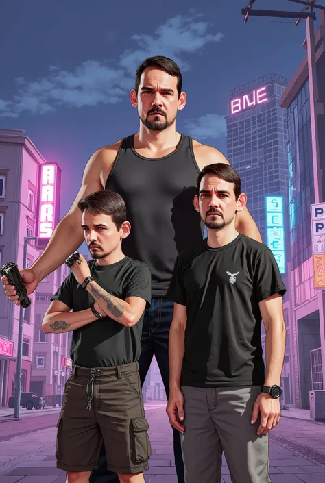 A colorful illustration, GTA style, of The father and two son o and o, badass.