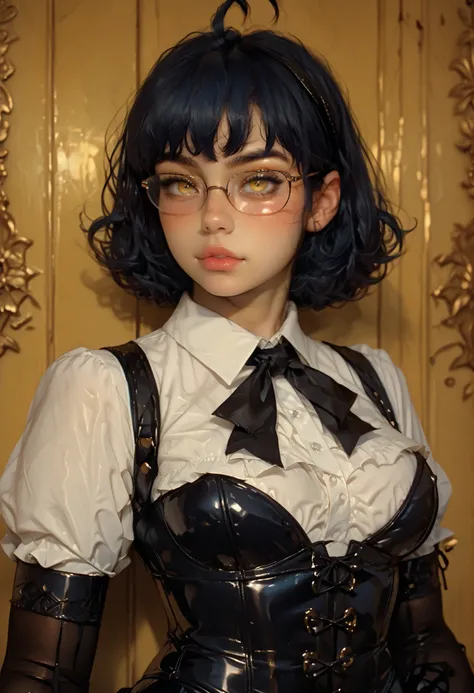 score_9, score_8_up, score_7_up, score_6_up, plump sexy girl, plump body, body focus, corset, morimee_style, bursting out breasts, perfect rounded small breasts, mz, ahoge, blue hair, yellow eyes, glasses