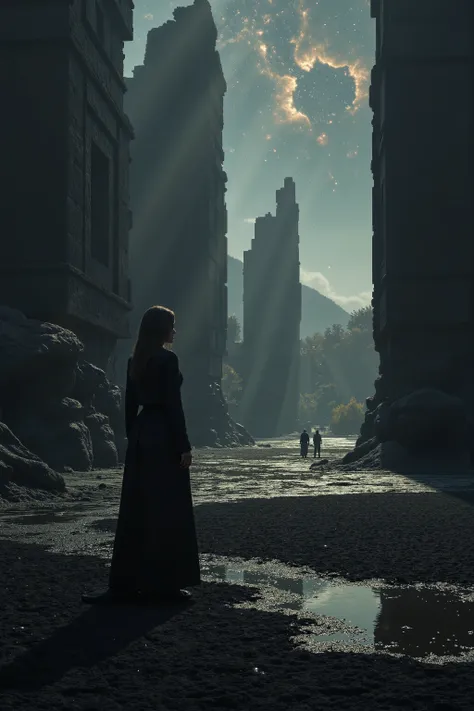 woman, Panoramic shot, you can see everything, the pyramids are partially flooded, a beautiful and creepy world in which you want to stay, calling to yourself every night, An ancient alien world, scattered stars, nebulae and galaxies are visible in the sky...