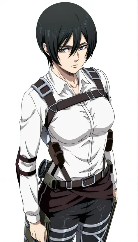 anime coloring, anime screencap, mikasa ackerman, 1girl, looking at viewer, closed mouth, short hair, black hair, paradis military uniform, white shirt, collared shirt, long sleeves, belt, chest harness, medium breasts, thigh strap, black pants, standing, ...
