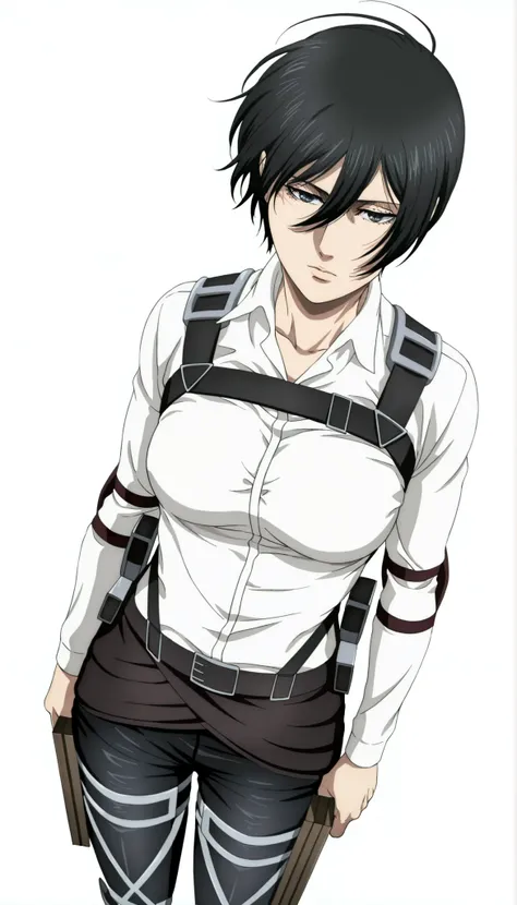 anime coloring, anime screencap, mikasa ackerman, 1girl, looking at viewer, closed mouth, short hair, black hair, paradis military uniform, white shirt, collared shirt, long sleeves, belt, chest harness, medium breasts, thigh strap, black pants, standing, ...