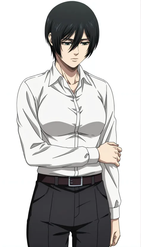 anime coloring, anime screencap, mikasa ackerman, 1girl, solo, short hair, black hair, looking down, closed mouth, white shirt, collared shirt, dress shirt, belt, black pants, standing, cowboy shot, holding own arm, white background, simple background, mas...