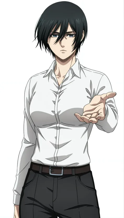 anime coloring, anime screencap, mikasa ackerman, 1girl, solo, short hair, black hair, towards viewer, badass, closed mouth, white shirt, collared shirt, dress shirt, belt, black pants, standing, cowboy shot, reaching towards viewer,, white background, sim...