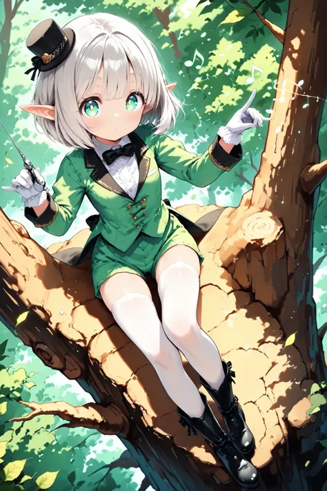 ((deep forest, trees, world tree, on the tree)), (directing the music, sparkling notes, multiple notes, swirling notes), dutch angle, from above, looking up at viewer, (solo, 1girl, elf, silver hair, bob cut, light green eyes, pointed ears), (((loli, thin,...